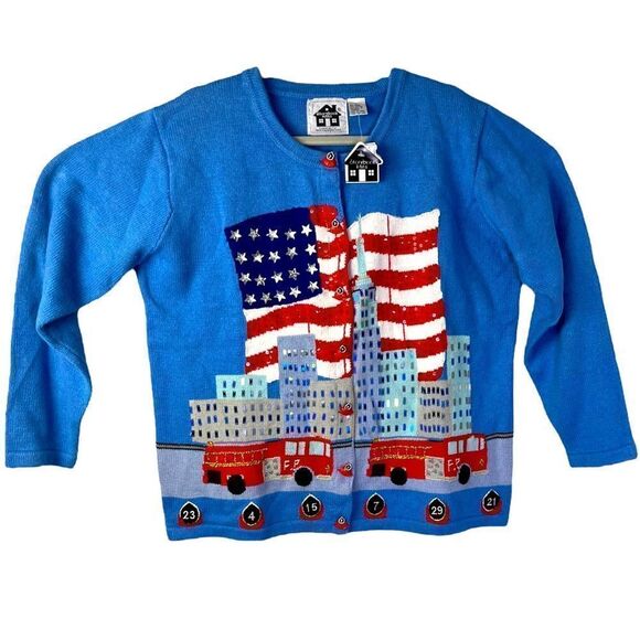 NWT Storybook Knits L/S Cardigan in Azure Blue Limited Edition Patriotic Theme L - Picture 1 of 6